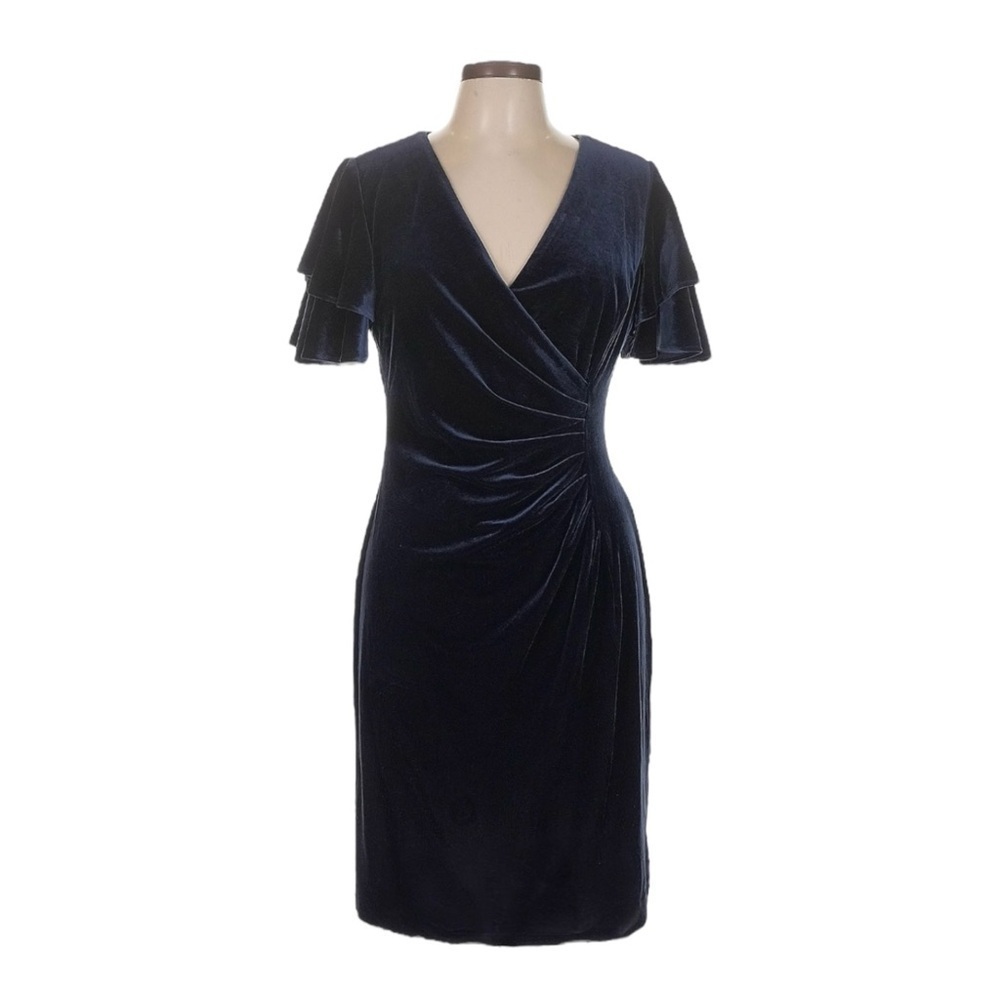 DKNY Velvet Sheath Dress NWT 10 Navy Tiered Flutter Sleeve Ruched Holiday Party